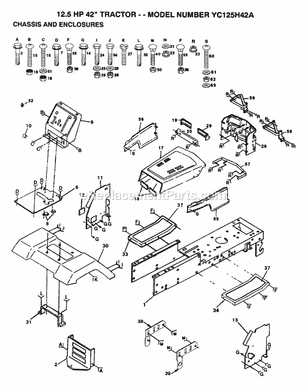 Chassis And Enclosures Diagram and Parts List for YC125H42A 1993 Husqvarna Lawn Tractor