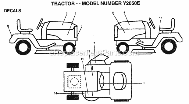 Decals Diagram and Parts List for Y2050E 1995 Husqvarna Lawn Tractor