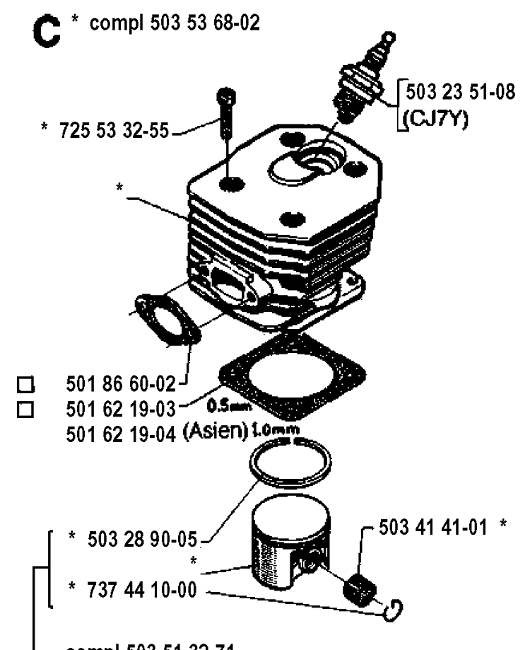 Cylinder Piston Diagram and Parts List for 242 19941400001-19981800000 Husqvarna Chainsaw