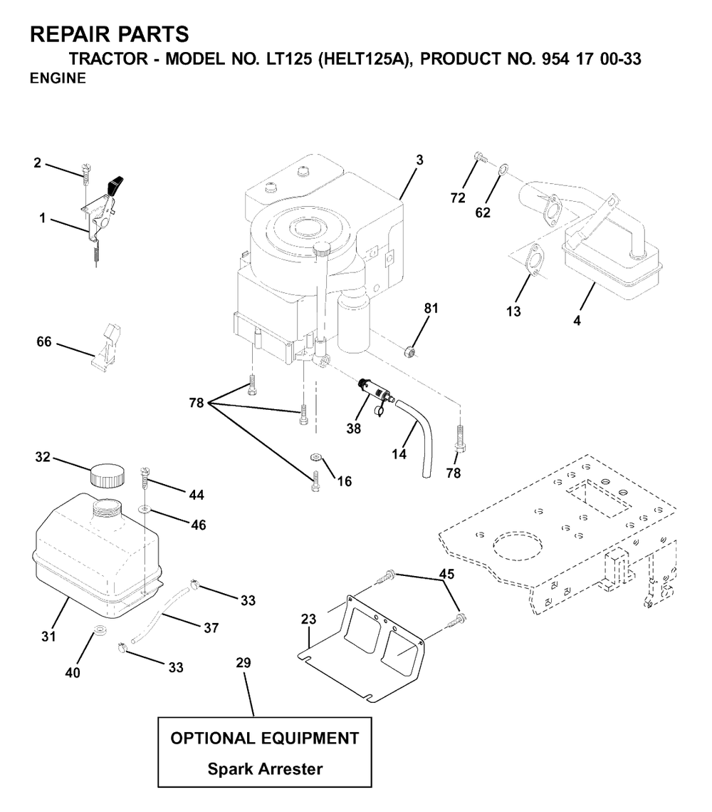 Engine And Cutting Equipment Diagram and Parts List for LT125 (954170033-A)(2001-01) Husqvarna Lawn Tractor