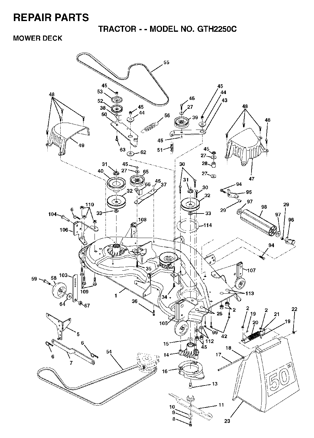 Mower Deck / Cutting Deck Diagram and Parts List for GTH2250C (954567093)(2001-05) Husqvarna Lawn Tractor