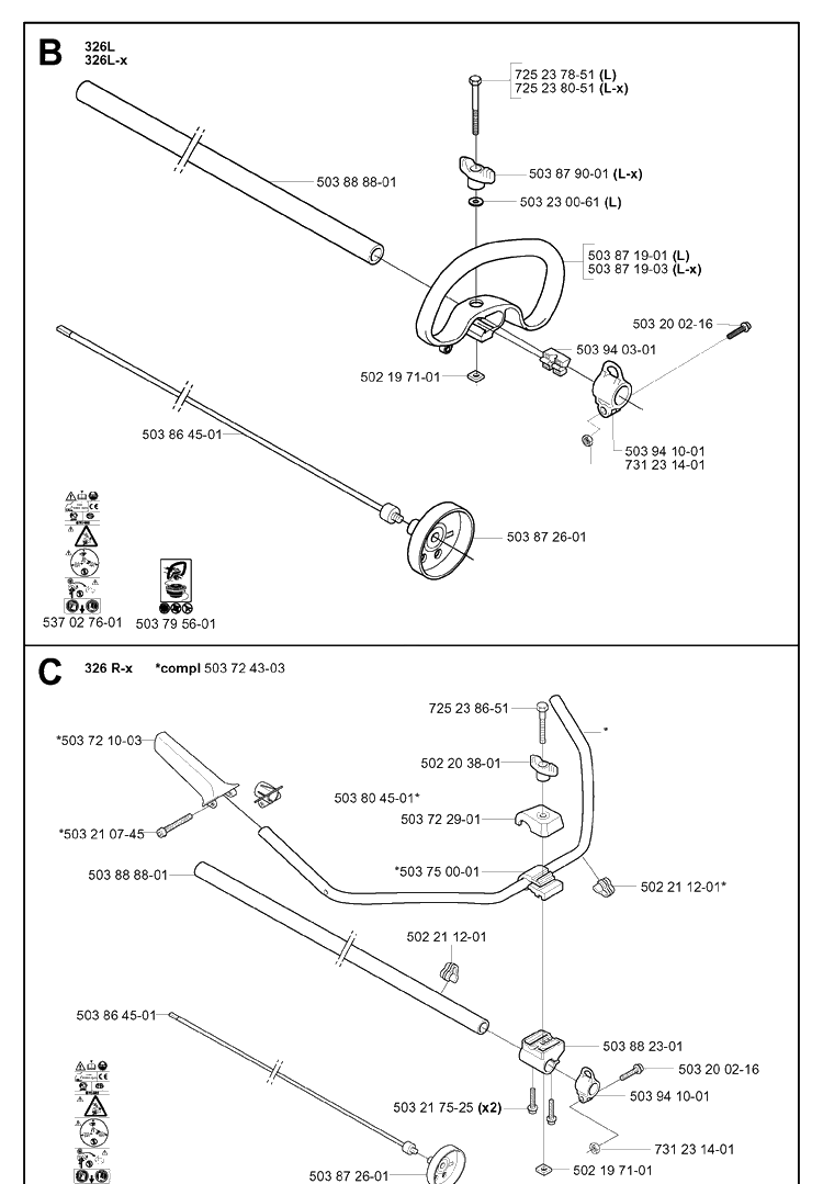 Shaft And Handle 2 Diagram and Parts List for 326C 20010900001-20020500000 Husqvarna Edger