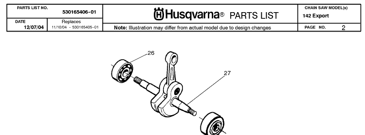Crankshaft Diagram and Parts List for 142 20050100001-20064900000 Husqvarna Chainsaw