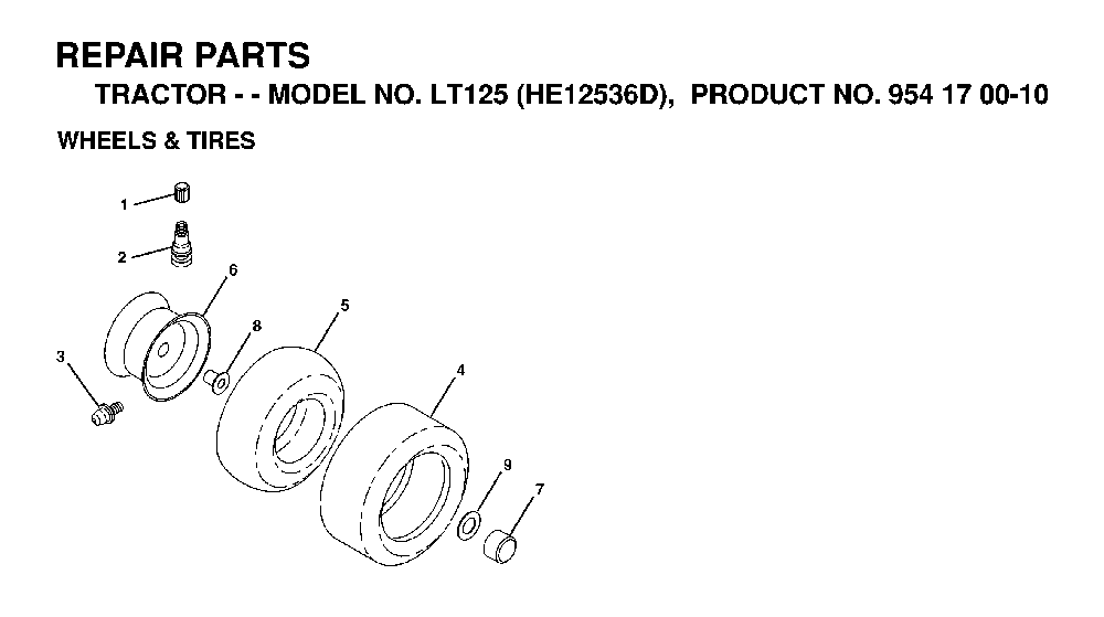 Wheels And Tires Diagram and Parts List for LT125 (HE12536D, 954170010)(1998-12) Husqvarna Lawn Tractor