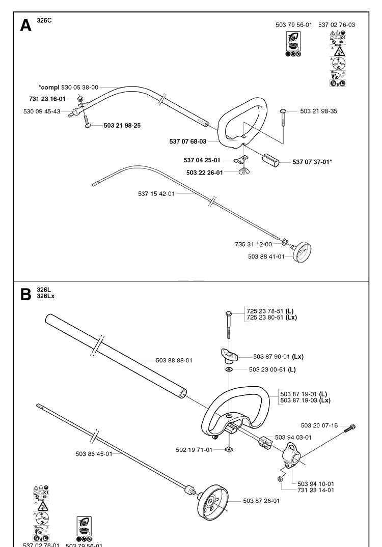Shaft And Handle Diagram and Parts List for 326C 20020500001-20023100000 Husqvarna Edger