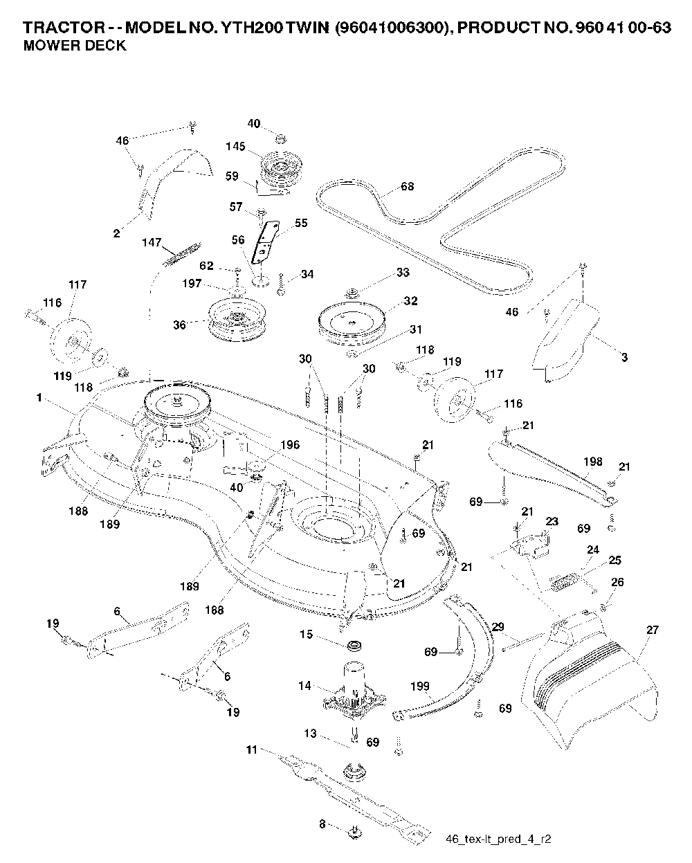 Mower Deck / Cutting Deck Diagram and Parts List for YTH200TWIN (96041006400)(2007-10) Husqvarna Lawn Tractor