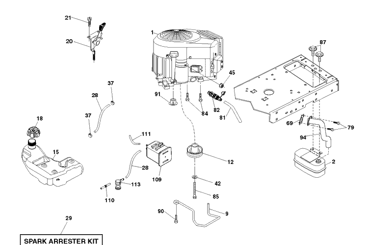 Engine Diagram and Parts List for YTH2042 (96043012200)(2010-10) Husqvarna Lawn Tractor