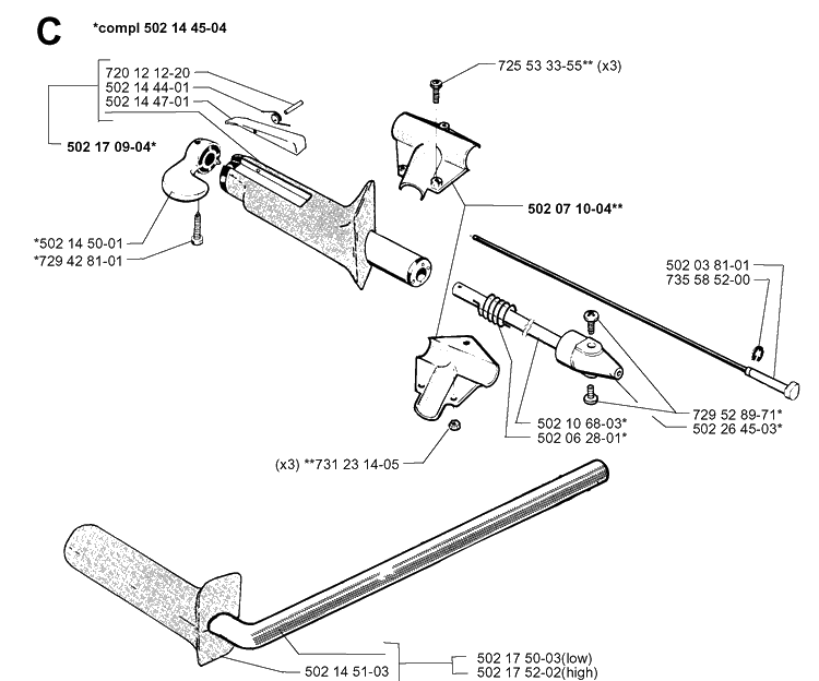 Handle And Controls Diagram and Parts List for 265RX 19991000001-20012600000 Husqvarna Brush Cutter