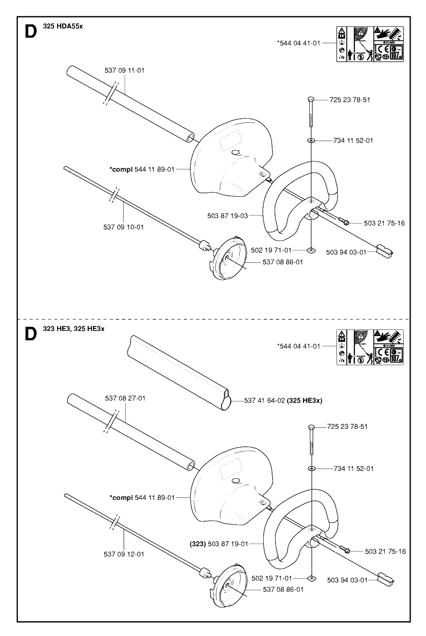 Shaft And Handle Diagram and Parts List for 325HDA55X 20054000001 & Above Husqvarna Hedge Trimmer