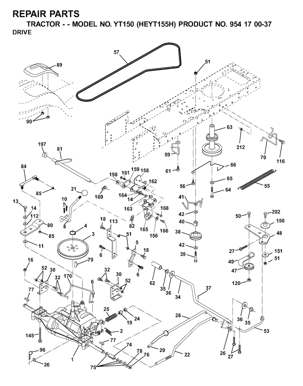 Drive Diagram and Parts List for YT150 (954170037-H)(2001-09) Husqvarna Lawn Tractor