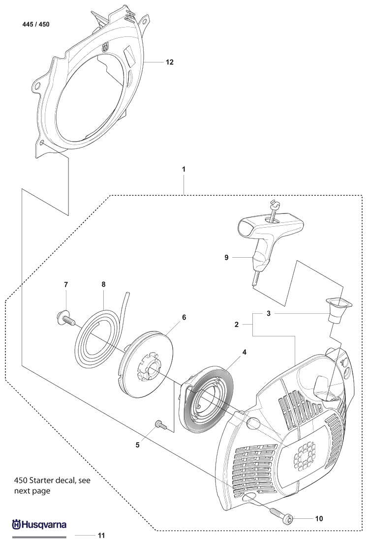 Starter Diagram and Parts List for 450 2007-03 Husqvarna Chainsaw