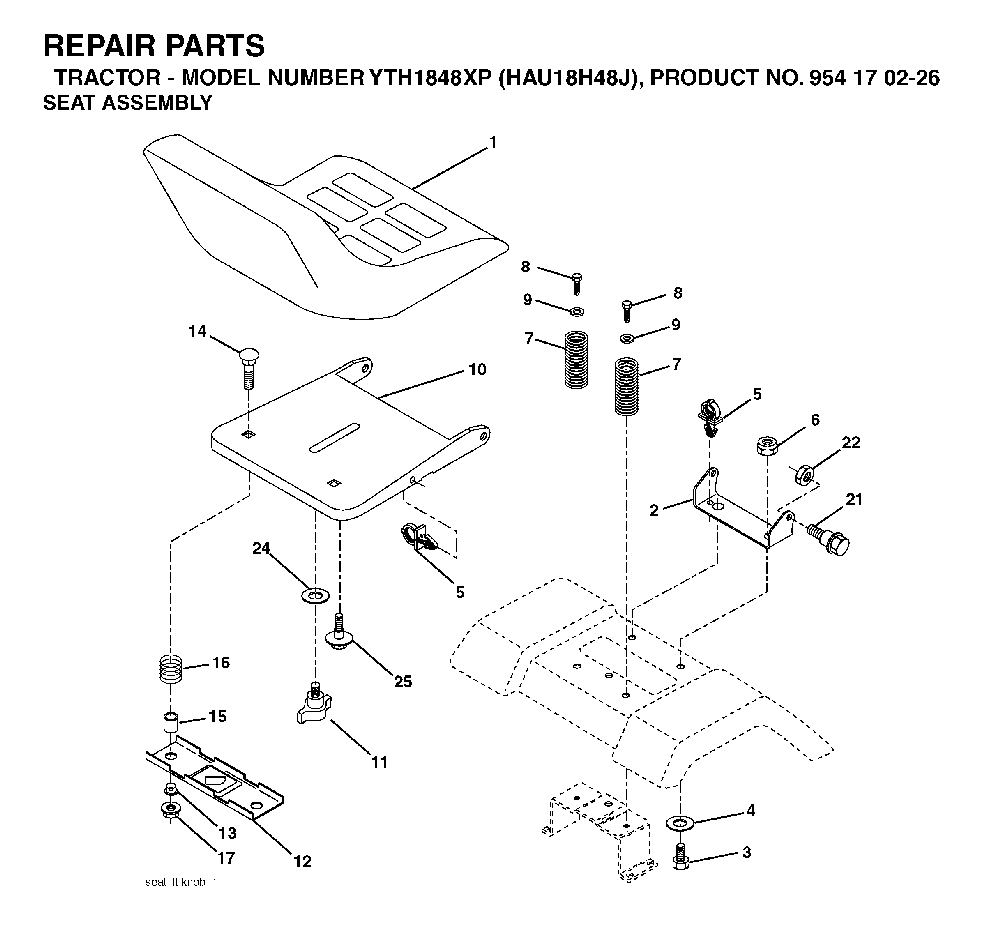 Seat Diagram and Parts List for YTH1848XP (HAU18H48J, 954170226)(2004-09) Husqvarna Lawn Tractor