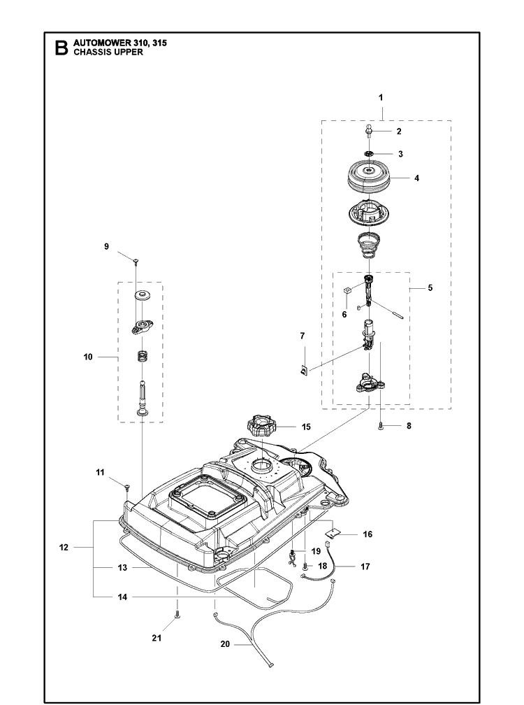Chassis Upper Diagram and Parts List for 310 2019 Husqvarna Lawn Mower