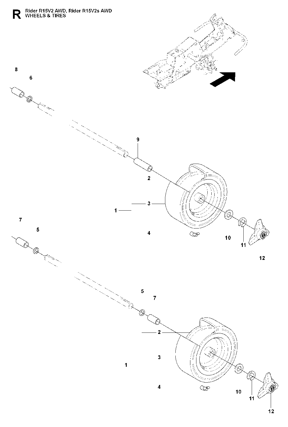 Wheels And Tires Diagram and Parts List for RIDER15V2SAWD (965200901)(2009-04) Husqvarna Lawn Tractor