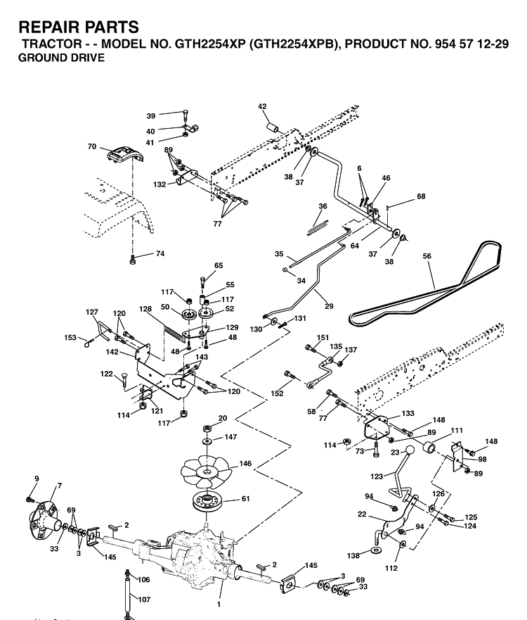 Drive Diagram and Parts List for GTH2254XP-GTH2254XPB 2004-08 Husqvarna Lawn Tractor