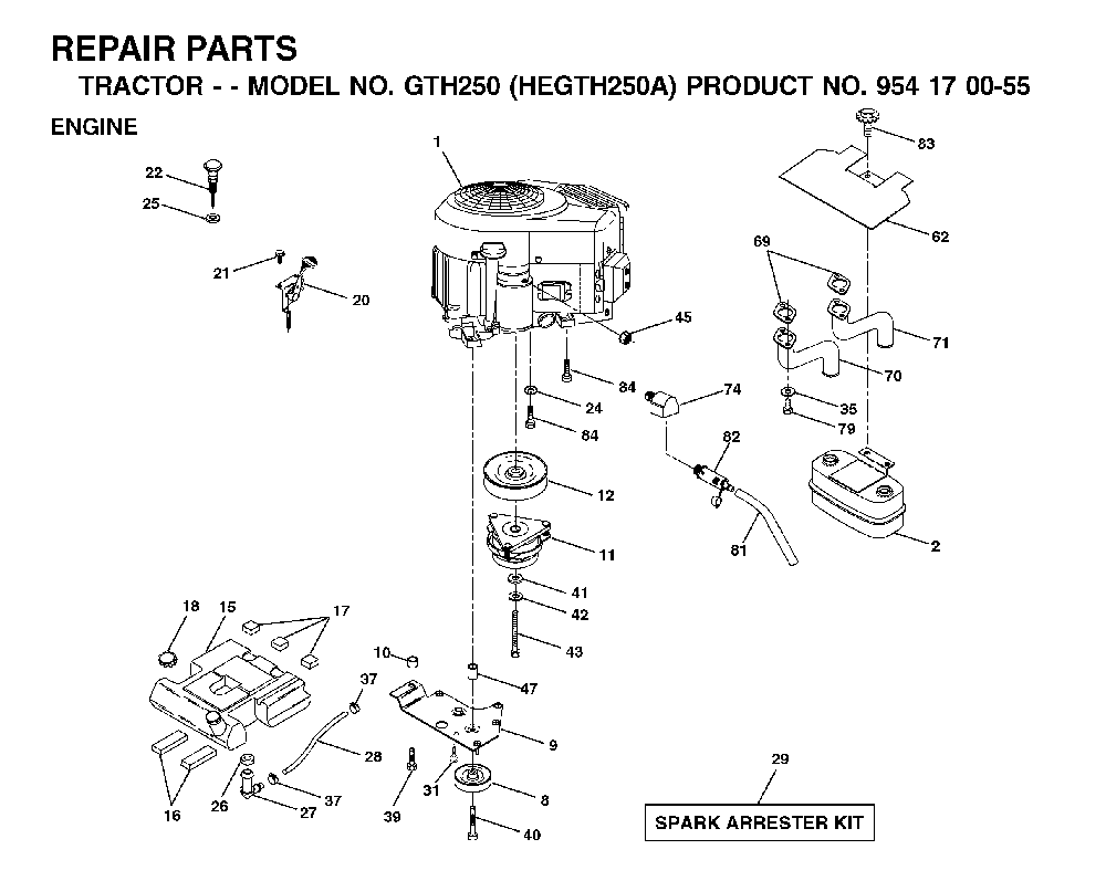 Engine And Cutting Equipment Diagram and Parts List for GTH250 (HEGTH250A, 954170055)(2002-03) Husqvarna Lawn Tractor