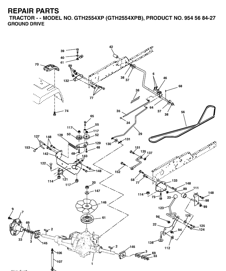 Drive Diagram and Parts List for GTH2554XP-GTH2554XPB 2004-08 Husqvarna Lawn Tractor