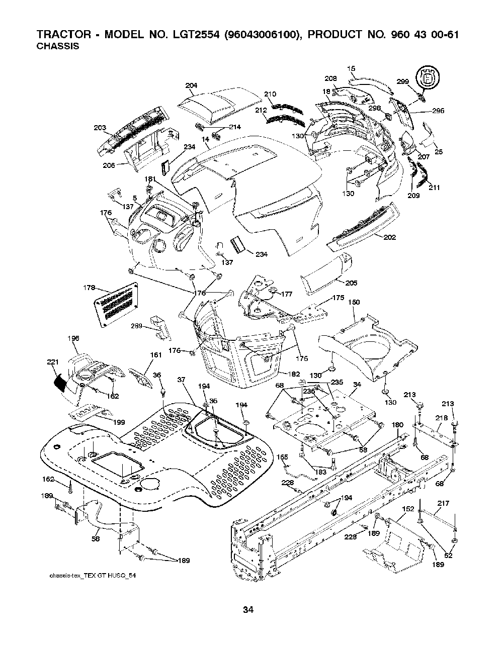 Chassis / Frame Diagram and Parts List for LGT255496043006100 2008-12 Husqvarna Lawn Tractor