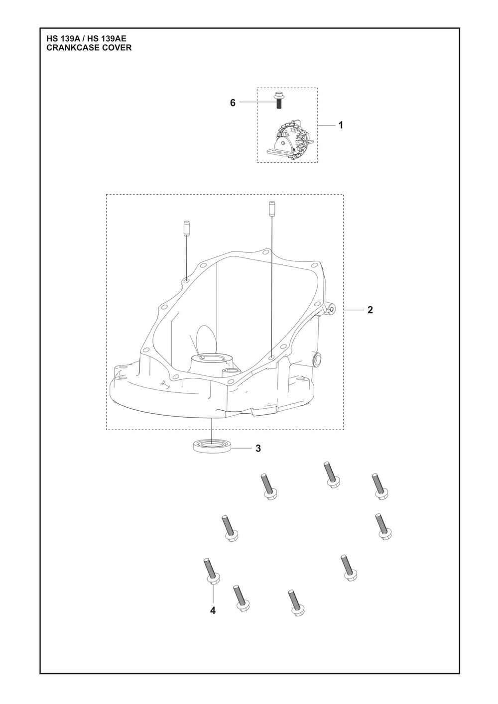 Crankcase Cover Diagram and Parts List for HS139A531450601 HS 139AE 531450801, 531450802 Husqvarna Engine
