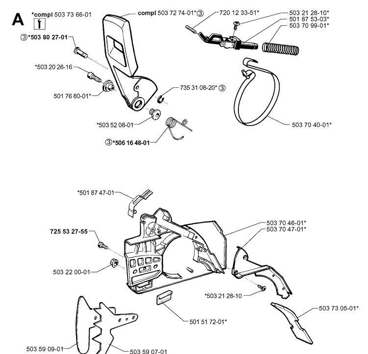 Chain Brake Diagram and Parts List for 61 19993100001-20014000000 Husqvarna Chainsaw