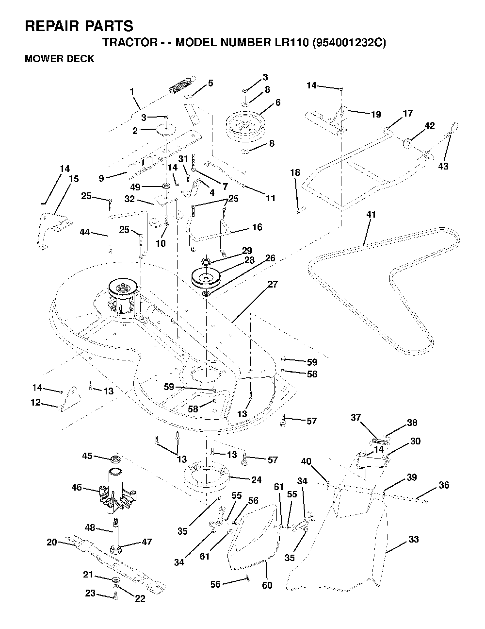 Mower Deck / Cutting Deck Diagram and Parts List for LR110 (954001232C)(1995-08) Husqvarna Lawn Tractor