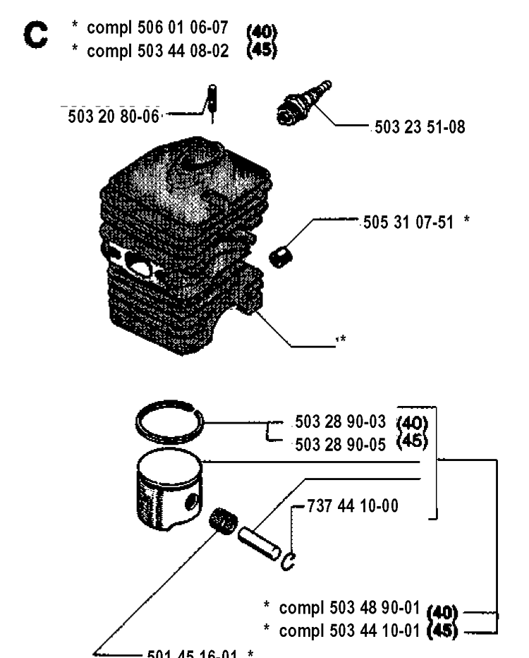 Cylinder Piston Diagram and Parts List for 45 19952300001-19981800000 Husqvarna Chainsaw