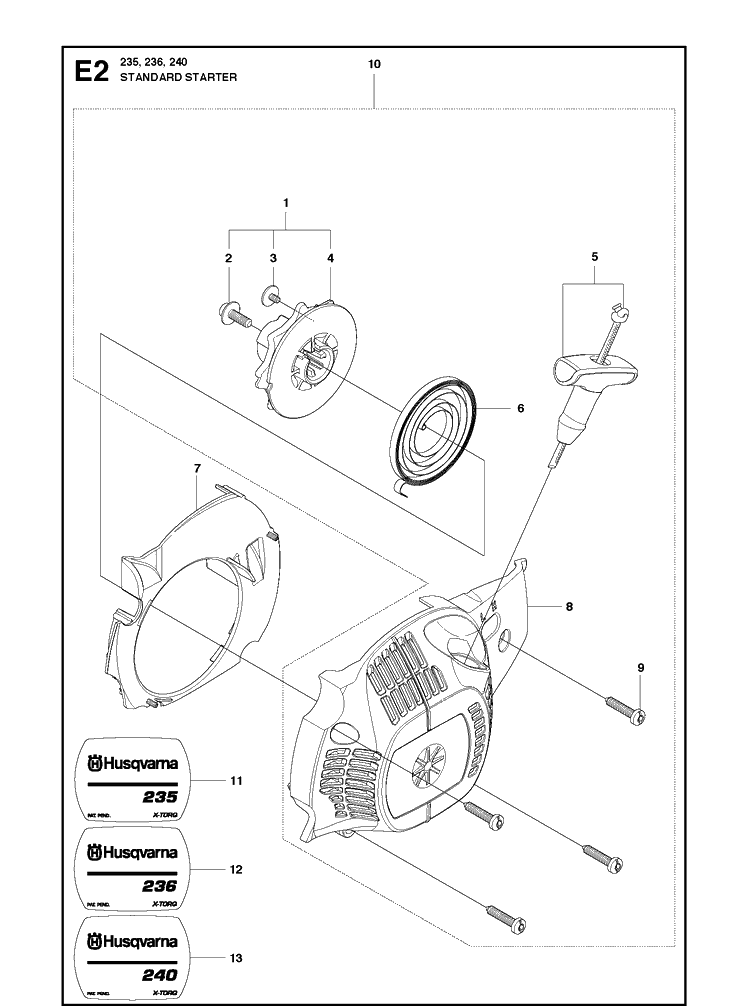 Starter 2 Diagram and Parts List for 240 20101400001-20144000000 Husqvarna Chainsaw