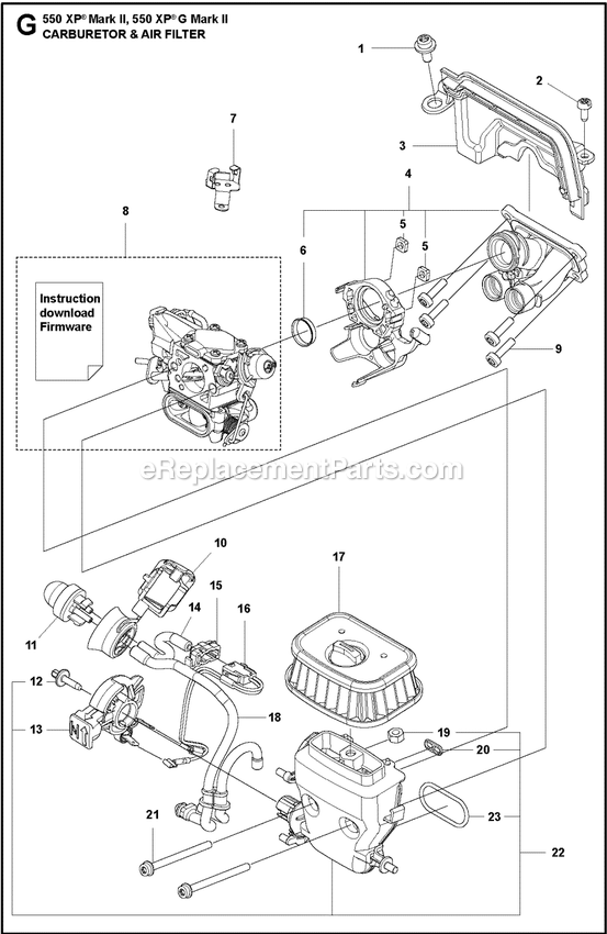 Carburetor And Air Filter Diagram and Parts List for 550XPGMARKII  Husqvarna Chainsaw