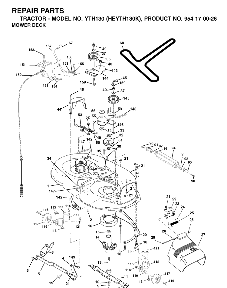 Mower Deck / Cutting Deck Diagram and Parts List for YTH130 (HEYTH130K)(2001-01) Husqvarna Lawn Tractor