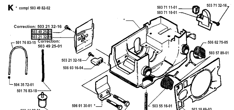 Crankcase Diagram and Parts List for 45 19952300001-19981800000 Husqvarna Chainsaw