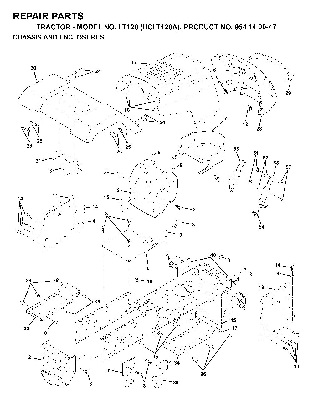 Chassis And Enclosures Diagram and Parts List for LT120 (HCLT120A, 954140047)(1998-01) Husqvarna Lawn Tractor