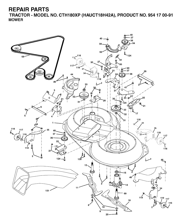 Mower Deck / Cutting Deck Diagram and Parts List for CTH180XP (HAUCT18H42A)(2003-01) Husqvarna Lawn Tractor