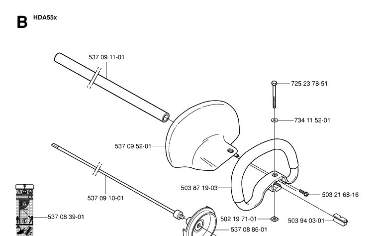 Shaft And Handle Diagram and Parts List for 323HE3 20050600001-20053600000 Husqvarna Hedge Trimmer
