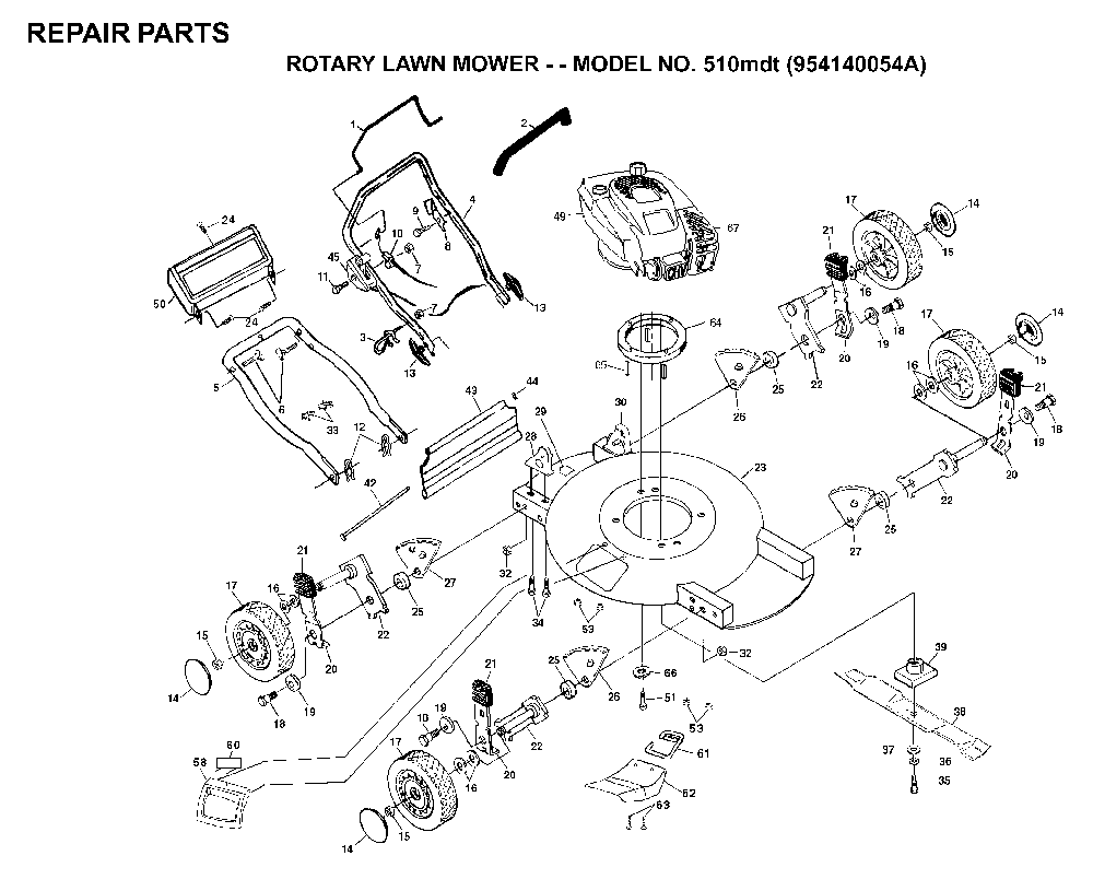 Product Complete Diagram and Parts List for 510MDT (954140054A)(1998-02) Husqvarna Lawn Mower