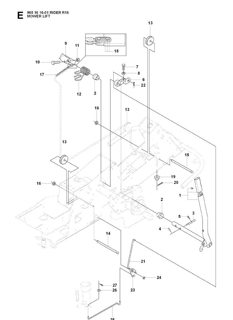 Mower Lift / Deck Lift Diagram and Parts List for RIDER16 (965161601)(2007-06) Husqvarna Lawn Mower