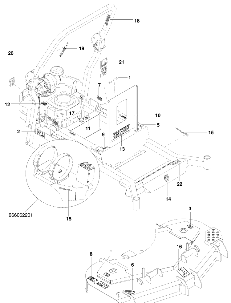 Decals Diagram and Parts List for PZ6034FX (966516801)(2009-09) Husqvarna Lawn Mower