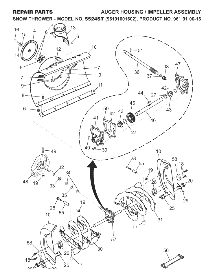 Auger Housing And Impeller Diagram and Parts List for 5524ST (96191001602)(2007-10) Husqvarna Snow Blower