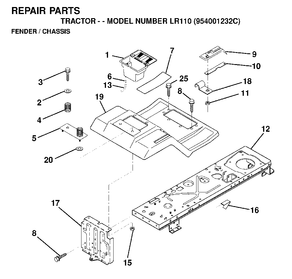 Chassis And Enclosures Diagram and Parts List for LR110 (954001232C)(1995-08) Husqvarna Lawn Tractor