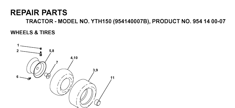 Wheels And Tires Diagram and Parts List for YTH150 (954140007B)(1997-01) Husqvarna Lawn Tractor