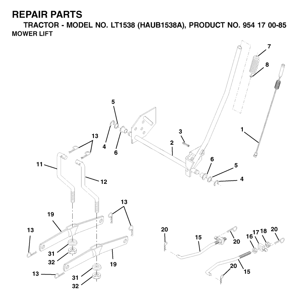 Mower Lift / Deck Lift Diagram and Parts List for LT1538 (954170085-A)(2003-01) Husqvarna Lawn Tractor