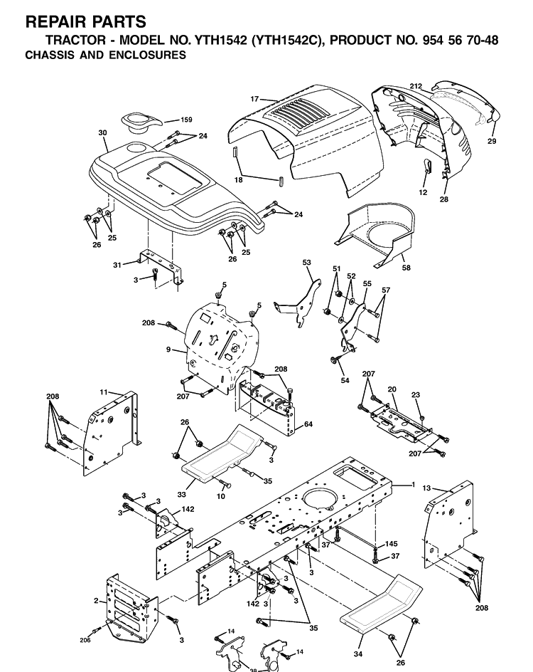 Chassis And Enclosures Diagram and Parts List for YTH1542 (954567048)(2001-04) Husqvarna Lawn Tractor