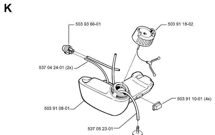 Fuel Tank Diagram and Parts List for 325RX 19991000001-20001900000 Husqvarna Brush Cutter