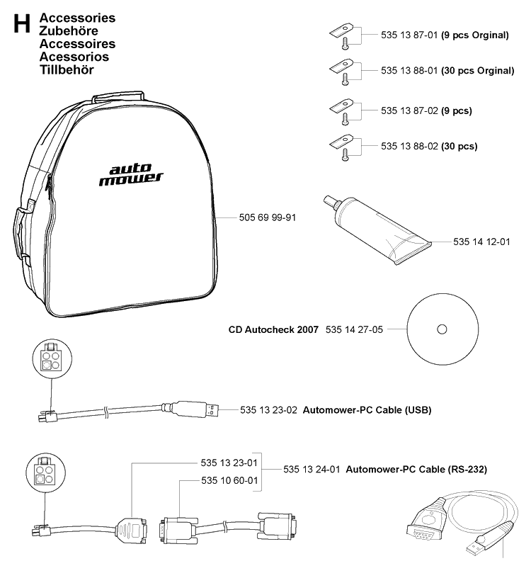 Accessories Diagram and Parts List for 230ACX 2007-05 Husqvarna Lawn Mower