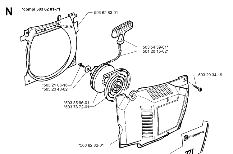 Starter Diagram and Parts List for 371XP 19963500001-19974900000 Husqvarna Chainsaw