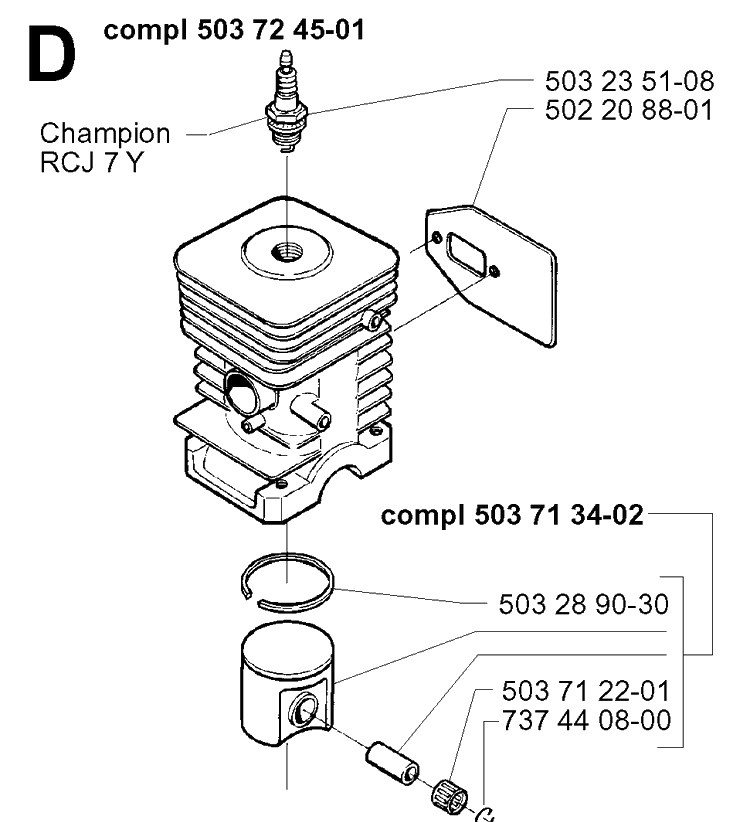 Cylinder Piston Diagram and Parts List for 225R 19962200001-19970500000 Husqvarna Brush Cutter