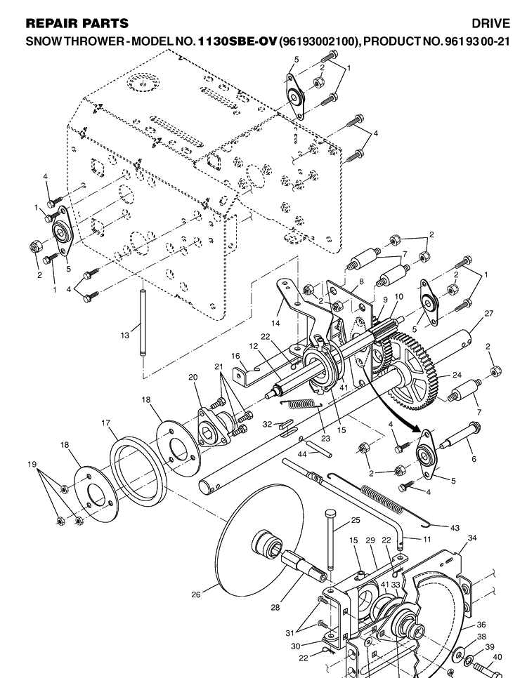 Drive Diagram and Parts List for 1130SBEOV (961930021)(2006-09) Husqvarna Snow Blower