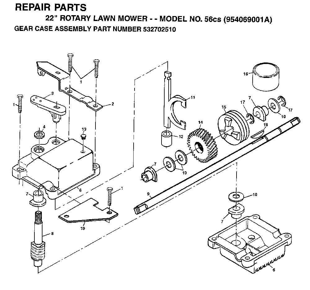 Gear Case Diagram and Parts List for 56CS (954069001A, 532702510)(1994-07) Husqvarna Lawn Mower