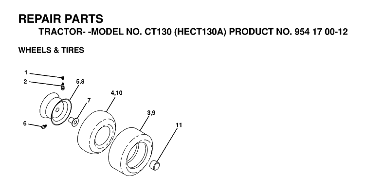 Wheels And Tires Diagram and Parts List for CT130 (HECT130A)(1999-03) Husqvarna Lawn Tractor