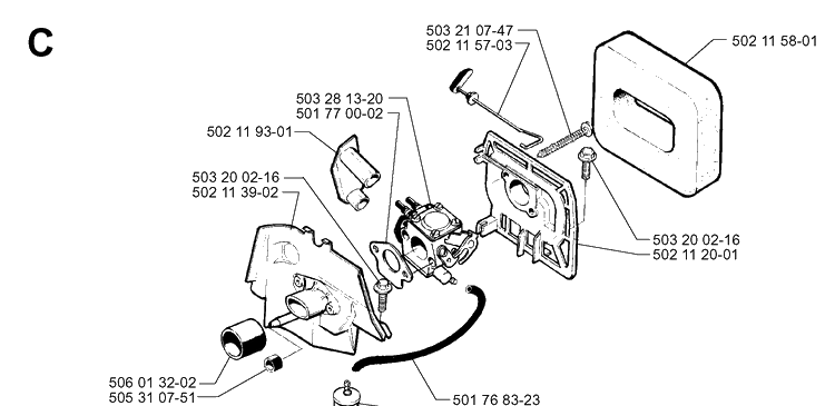 Carburetor And Air Filter Diagram and Parts List for 245R 19962200001-19984000000 Husqvarna Brush Cutter
