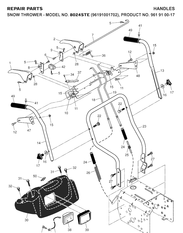 Handle Diagram and Parts List for 8024STE (96191001702)(2007-10) Husqvarna Snow Blower